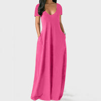 Women Solid Color Long Dress U Neck With Pockets Short Sleeve Comfortable Dress