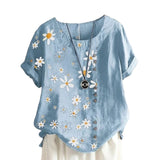 Women Crew Neck T-Shirt Daisy Printing Ruffles Short Sleeve Top Blouse Pullover
