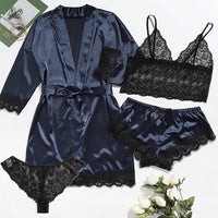 Womens Satin Pajama Set 4 Pcs Floral Lace Trim Cami Lingerie Sleepwear with Robe Nightwear