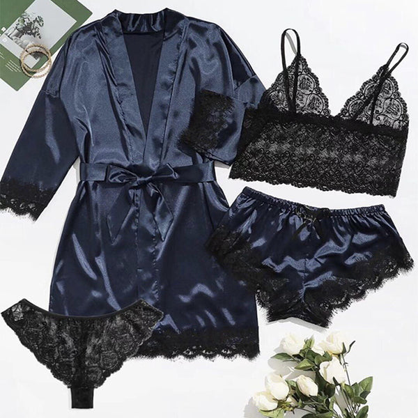 Womens Satin Pajama Set 4 Pcs Floral Lace Trim Cami Lingerie Sleepwear with Robe Nightwear
