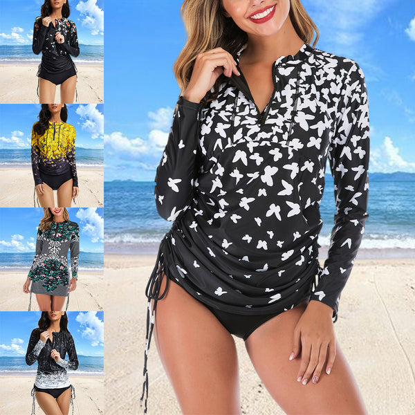 S-XXL Women Floral Printed Zipper Fronted Swim Dress One-piece Swimming Suit Surfing Swimsuit Long Sleeve Wetsuit Swimwear Tummy Control Beachwear Sun Protection Bathing Suit With Bikini Bottom