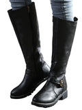 Women PU Leather Buckle Strap Design Boots Chunky Heel Zipper Casual Comfy Biking Boots