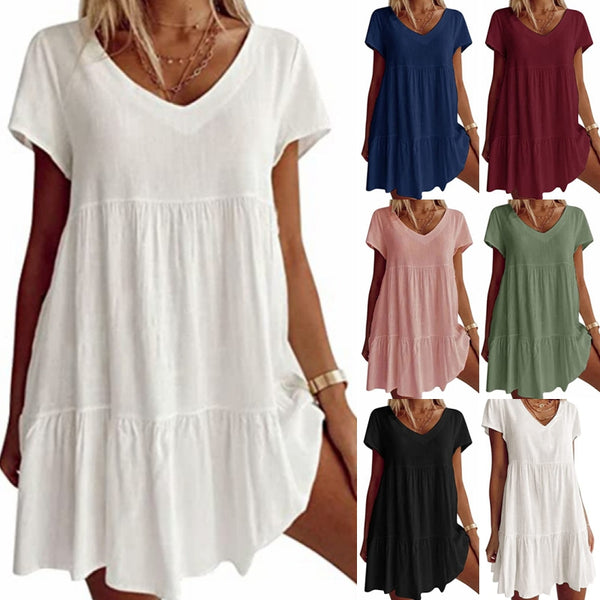 Women Short Sleeve Tunic Sundress Casual Boho Plain T Shirt Dress V Neck Mini Dresses