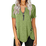 Women Summer Top V Neck Split Zippers Shirt Solid Color Summer Basic Tee Tops
