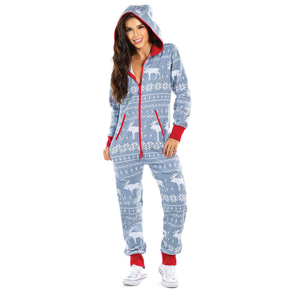 Women Christmas Xmas Print Hooded Jumpsuit Pyjamas Romper Hoodie Homewear Zipper
