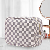 Lumento White Checkered Makeup Bag,Travel Storage Cosmetic Bag,PU Vegan Leather Make Up Pouch,Portable Toiletry Organizer