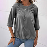Women Solid Color Crew Neck Ruched 3/4 Sleeve Tops T-Shirt Blouse Pullover Tee