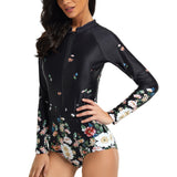 Women Zip Front One Piece Swimwear Rashguard Long Sleeve Swimsuit Boyleg Sports Beachwear Swimming Surfing Wetsuit Push Up Padded Bra Bathing Suits