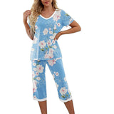 Women Floral Pajama Set Sleepwear Tops with Capri Pants Outfits Ladies Summer Comfy Sleep Nightshirt PJS Set