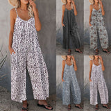 Spaghetti Strap Jumpsuits Romper for Womens Casual Sleeveless Wide Leg Playsuit Leopart Lounge Pants with Pocket