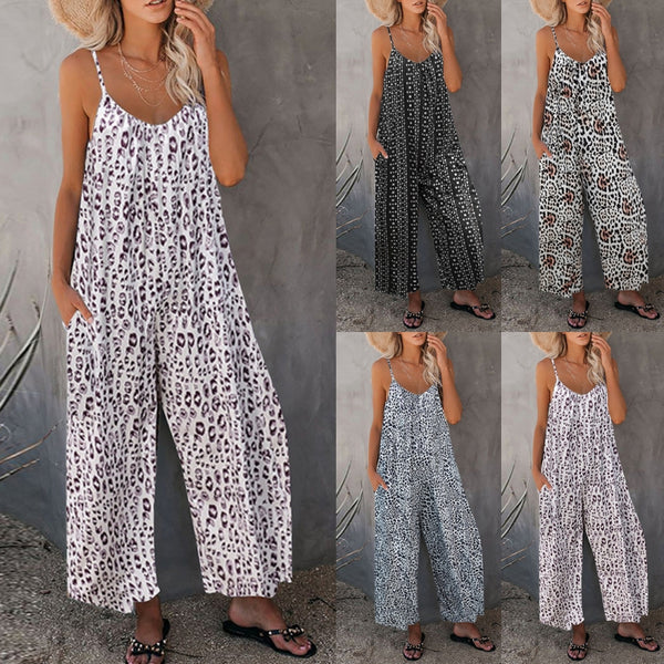 Spaghetti Strap Jumpsuits Romper for Womens Casual Sleeveless Wide Leg Playsuit Leopart Lounge Pants with Pocket