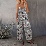 Spaghetti Strap Jumpsuits Romper for Womens Casual Sleeveless Wide Leg Playsuit Leopart Lounge Pants with Pocket