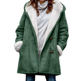 Women's Solid Color Hooded Neck Long Sleeve Fall Winter Hoodie Button-up Pockets