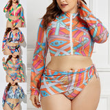 Women Plus Size 3 Piece Bikini  Swimsuit Long Sleeve Bathing Suit Zipper Front Beachwear Swimwear With Scarf