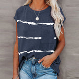 Womens Striped Cap Sleeve Crew Neck Tops T-Shirts