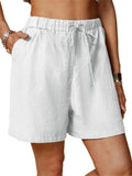 Women Cotton Linen Loose Fitting Casual Short Pants Elastic Waist Yoga Shorts Summer Beach Drawstring Shorts with Pockets