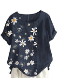 Women Crew Neck T-Shirt Daisy Printing Ruffles Short Sleeve Top Blouse Pullover