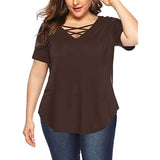Women V-Neck Solid Color Short Sleeve Casual Blouse Pullover T-Shirt Plus Size