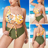 Women 2 Piece Tankini Swimming Suit with High Waist Boyshorts Plus Sizes Swimwear One Shoulder Beachwear Lace Up Bathing Suit