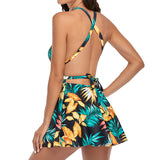 Women V Neck Swimming Dress Cross Back Skirted Swimsuit Floral Beachwear Swimwear Bathing Suit