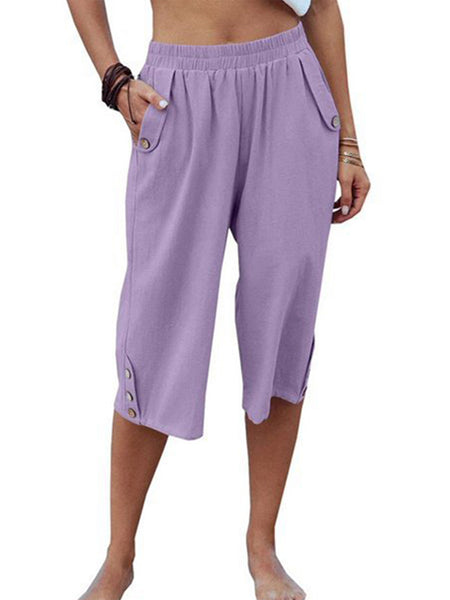 Women Capris Solid Color Casual Palazzo Trousers Buttons Decor Loose Cotton Linen Pajama Bottoms