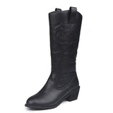 Women's Fashion Embroidery Western Chunky Pointed Toe Mid Calf Boots