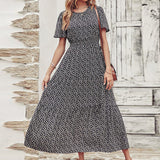 Lumento Women Summer Floral Print Dress Casual Boho Short Sleeve Ruffle Tiered Dress Swing Maxi Dress