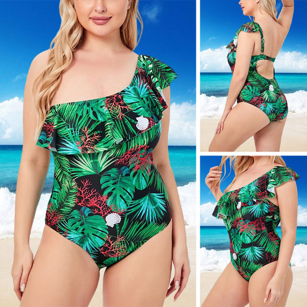 Women Green One-piece Swimming Suit Ruffles Swimwear One Shoulder Beachwear Floral Bathing Suit