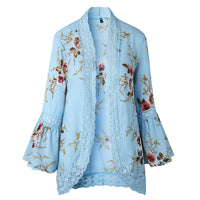 Lady Lace Hollow Flowers Flared Sleeve Open Front Outwear Casual Light Smock Top