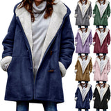 Women's Solid Color Hooded Neck Long Sleeve Fall Winter Hoodie Button-up Pockets