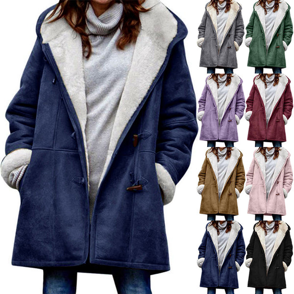 Women's Solid Color Hooded Neck Long Sleeve Fall Winter Hoodie Button-up Pockets