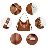 3 Pcs Retro Leather Tote Shoulder Handbags Set, Fashion Top Handle Satchel Purse Crossbody Bag with Matching Wristlet Wallet for Women
