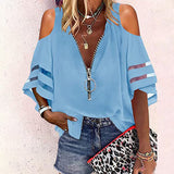 Lumento Women V Neck Zip Up Blouses Half Bell Sleeve Loose Casual Shirts Tops