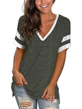 Women's Casual T-Shirt V-Neck Short Sleeve Splicing Tops Split Hem Summer Basic