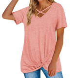 Womens Casual V Neck Short Sleeve Criss Cross T-Shirt Blouse Tops