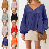 Women's Solid Color Puff Sleeve Tops Loose Casual T-Shirt Blouse Pullover Tunic