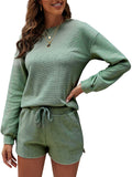 Women Two Piece Tracksuit Set Knitted Long Sleeve Tops Shorts Fitness Loungewear