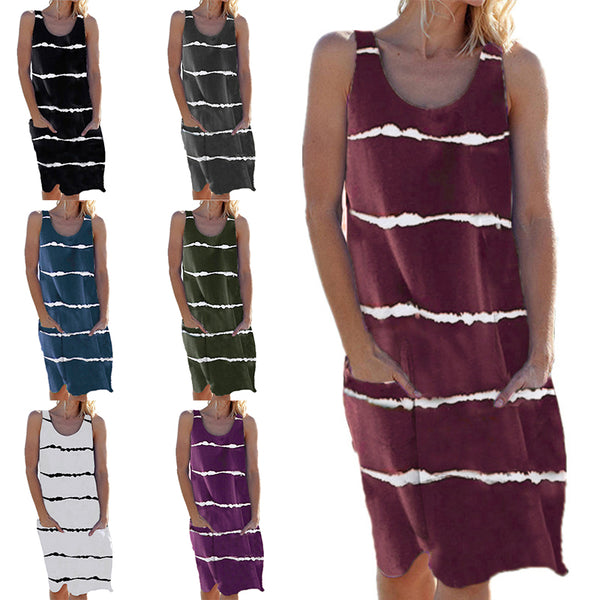 Women Striped Beach Slip Skirt Knee Length Sleeveless Round Neck Dress Plus Size