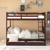 CUH Teens Adults Heavy Duty Full-Length Guardrail Bunk Beds Frame Wood With Ladders And 2 Storage Drawers Full-Over-Full Space-Saving