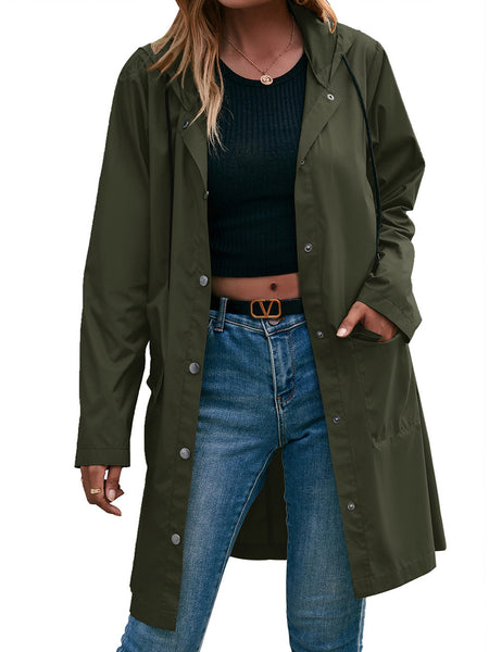 Women's Waterproof Rain Jacket Lightweight Hooded Windbreaker Active Outdoor Raincoat Plain Color Button Down Trench Outerwear
