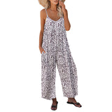 Spaghetti Strap Jumpsuits Romper for Womens Casual Sleeveless Wide Leg Playsuit Leopart Lounge Pants with Pocket