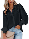 Frontwalk Womens Long Sleeve V-Neck Blouses Tops Button Down Office Work Shirt Casual Loose Baggy Pleated Tunic