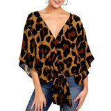 Women's Blouse Half Sleeve Printed Tie Cotton Top Beach Wear Deep V Neck Loose Shirt