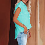 Women Solid Short Sleeve Shirt Lapel Blouse Baggy Loose Tunic Casual Tops Button-Down Cardigan