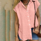 Women Solid Short Sleeve Shirt Lapel Blouse Baggy Loose Tunic Casual Tops Button-Down Cardigan