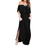 Sexy Off Shoulder Long Maxi Dress for Women Short Sleeve Summer Beach Sundress Split Ruffle Dress with Pocket