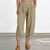 Women Cotton Linen Capri Mid Waist Palazzo Cropped Pants with Pockets Summer Solid Color Casual Loose Trousers