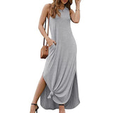 Womens Casual Summer Sleeveless Maxi Long Dress Side Split Tank Dress Plus Size T Shirt Sun Dress with Pocket