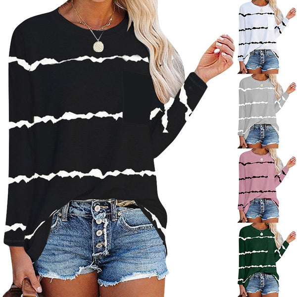 Women's Stripe Print Scoop Neck Loose Fit Long Sleeve T Shirt Pocket Casual Tops