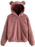 Ladies Rabbit Ear Fluffy Coat Fleece Hooded Solid Color Keep Warm Outwear Coat